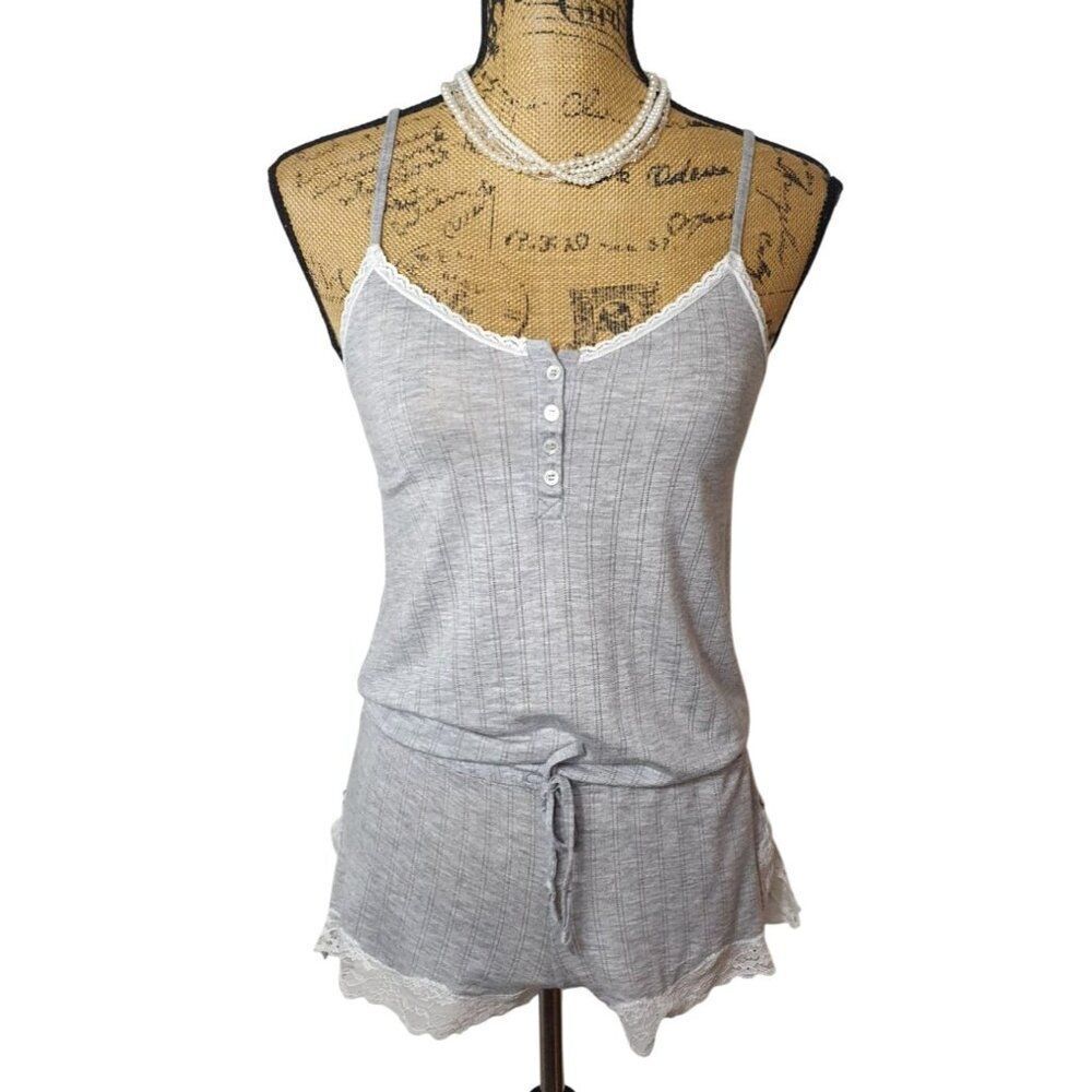 Victorias Secret XS Sleepwear Romper Gray Elegant White Lace Trim Lounge